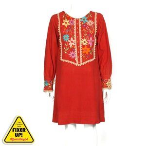 Casa Taxco Beautiful Mexican Embroidered Red Floral Dress size S Prairie - 301